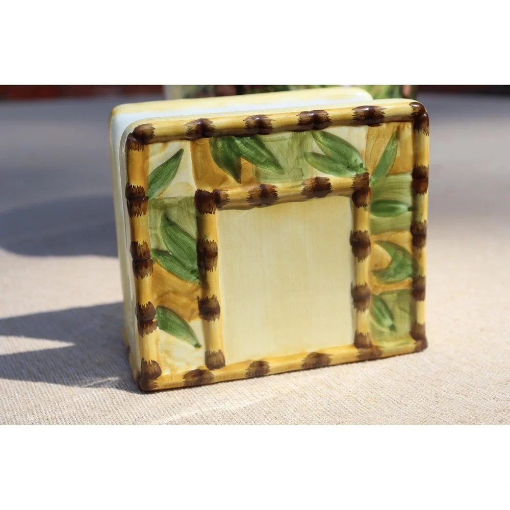 Vintage Bamboo Themed Tableware Metal Serving Tray and Ceramic Napkin Holder